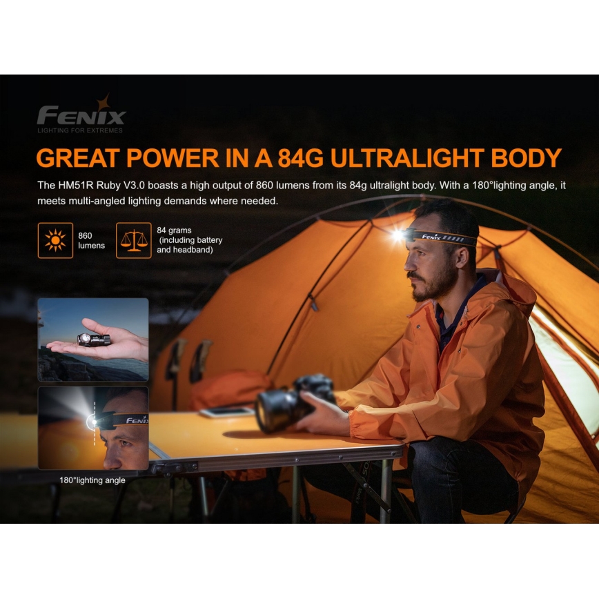 Fenix HM51RV30 - LED stmievateľná nabíjateľná čelovka LED/USB/1xCR123A 950 mAh IP68 860 lm 125 h oranžová