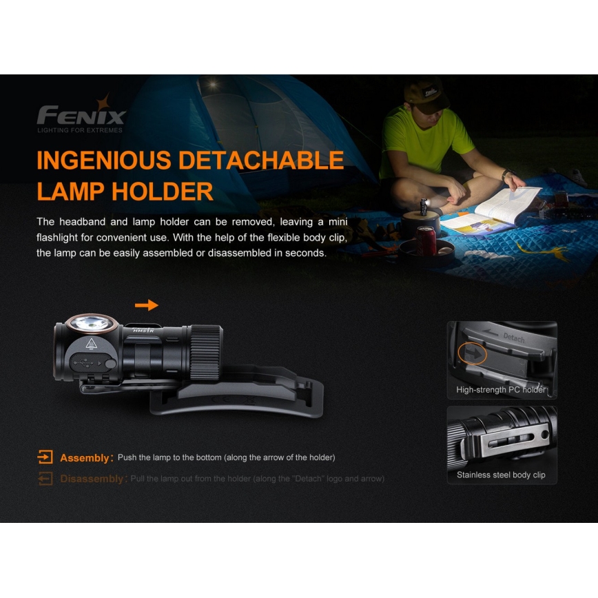 Fenix HM51RV30 - LED stmievateľná nabíjateľná čelovka LED/USB/1xCR123A 950 mAh IP68 860 lm 125 h oranžová