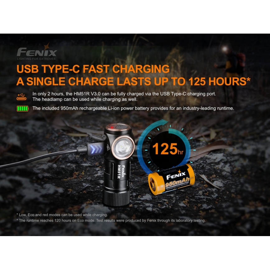 Fenix HM51RV30 - LED stmievateľná nabíjateľná čelovka LED/USB/1xCR123A 950 mAh IP68 860 lm 125 h oranžová
