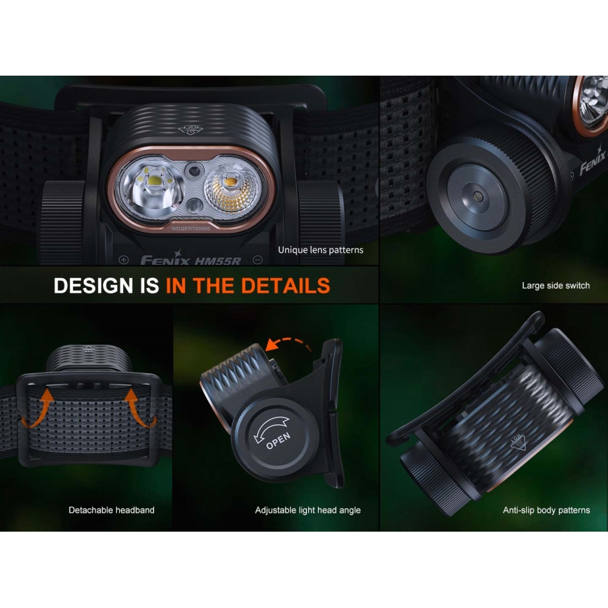 Fenix HM55RABL - LED stmievateľná nabíjateľná čelovka LED/USB/1xCR123A 1600 mAh IP68 1200 lm 141,2 h čierna