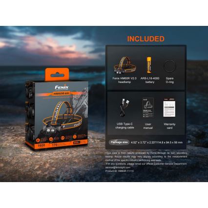 Fenix HM60RV20 - stmievateľná LED nabíjacia čelovka LED/USB 4000 mAh IP68 1600 lm 292 h oranžová