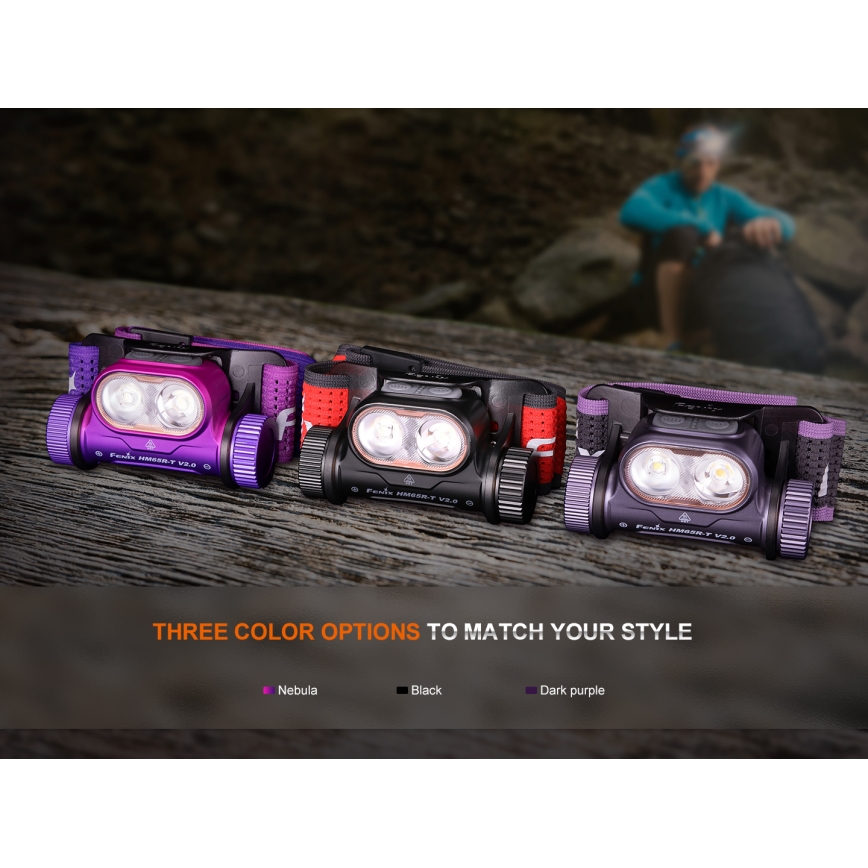 Fenix HM65RTV20BLC- LED Stmievateľná nabíjacia čelovka LED/USB/2xCR123A IP68 3400 mAh čierna/oranžová