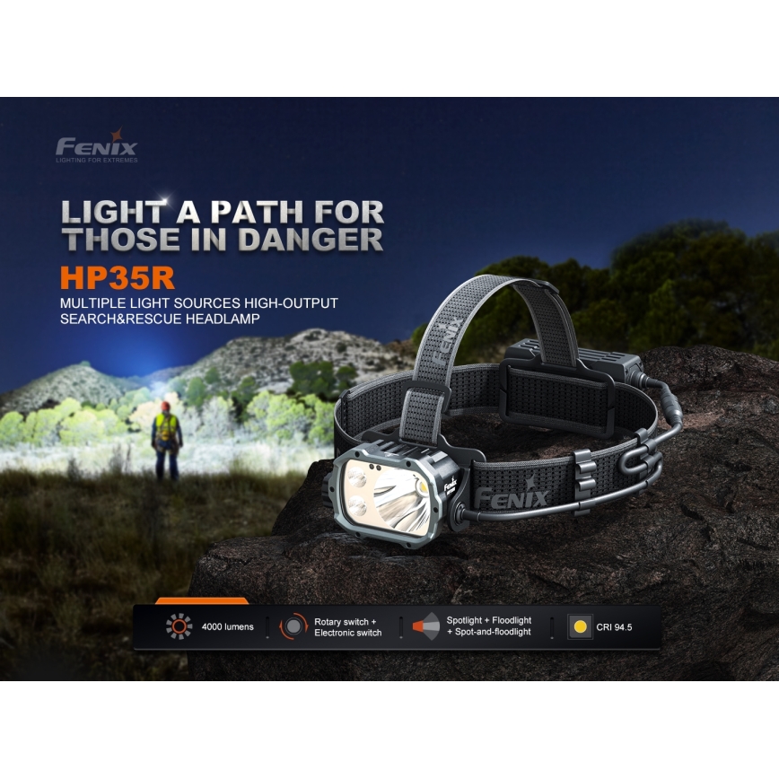 Fenix HP35R - stmievateľná dobíjateľná čelovka LED/USB 5000 mAh IP66 4000 lm 500 h čierna