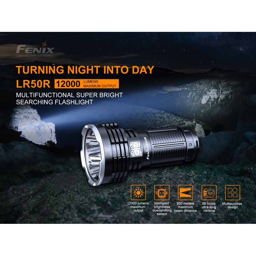 Fenix LR50R - LED Nabíjacia baterka 4xLED/USB IP68 12000 lm 58 h