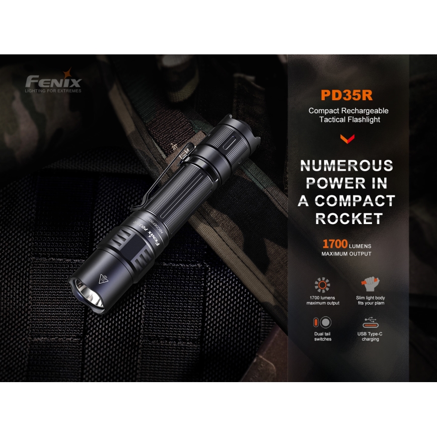 Fenix PD35R - LED nabíjacia baterka LED/USB/2xCR123A IP68 1700 lm 100 h 3400 mAh