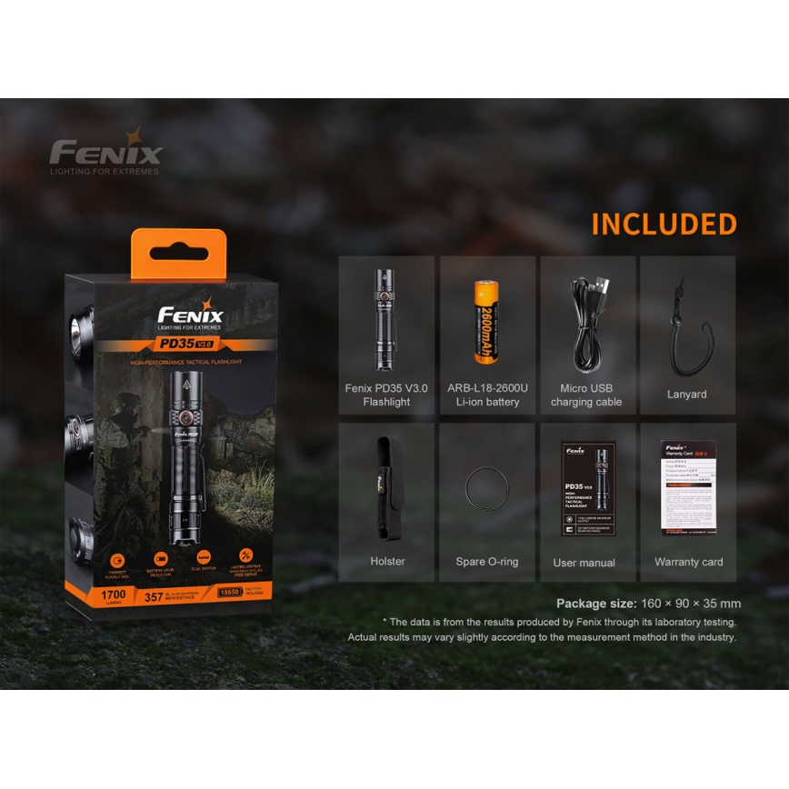 Fenix PD35V30 - LED nabíjacia baterka LED/USB/2xCR123A IP68 1700 lm 230 h 2600 mAh