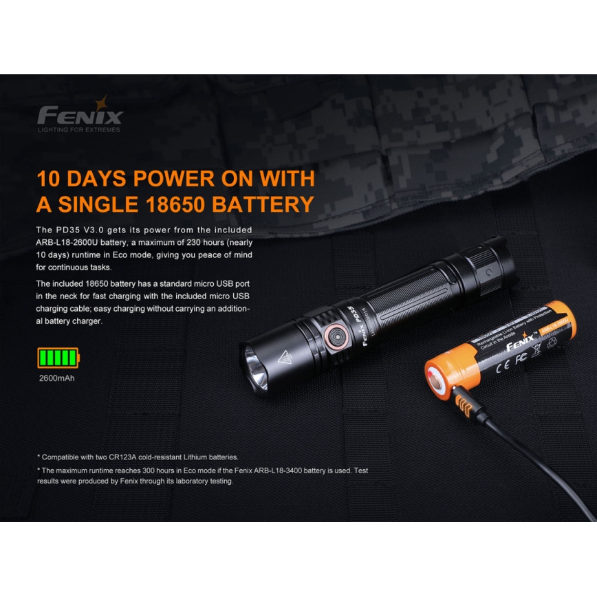 Fenix PD35V30 - LED nabíjacia baterka LED/USB/2xCR123A IP68 1700 lm 230 h 2600 mAh