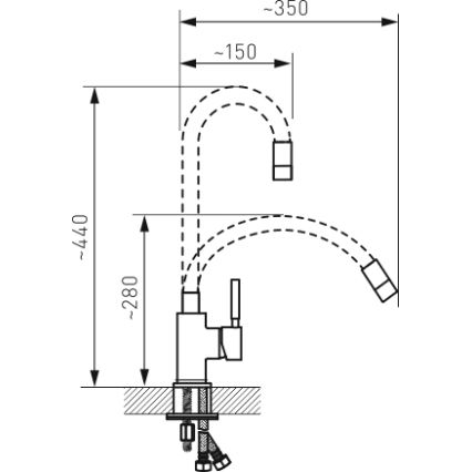 Kuchynská batéria s výtokom v tvare oblúka púšťa vodu. Výška batérie je približne 280 mm, celková výška s výtokom je približne 440 mm, šírka výtoku približne 150 mm a celková šírka približne 350 mm. Batéria je pripevnená k pultu.