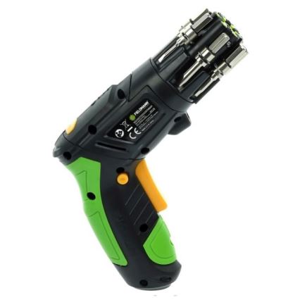 Bezdrôtový skrutkovač s integrovanými nástavcami je zobrazený v bielom pozadí. Skrutkovač je čierny so zelenými a žltými prvkami. Na tele je viditeľné označenie FIELDMANN.