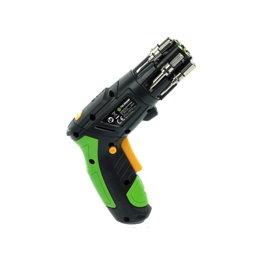 Bezdrôtový skrutkovač s integrovanými nástavcami je zobrazený v bielom pozadí. Skrutkovač je čierny so zelenými a žltými prvkami. Na tele je viditeľné označenie FIELDMANN.