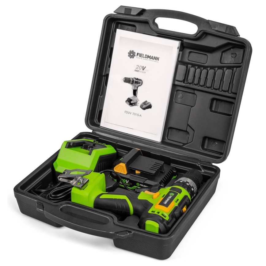Fieldmann - Akumulátorová vŕtačka 2000 mAh 20V + rýchlonabíjacia stanica