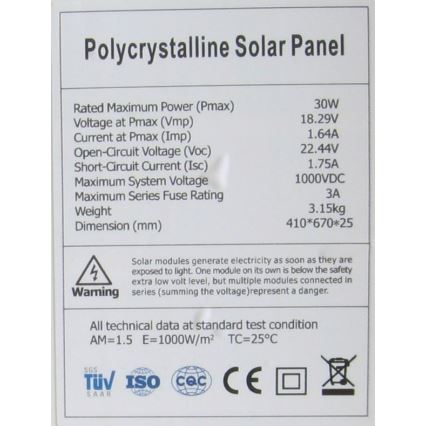 Fotovoltaický solárny panel polykryštalický 30W/12V