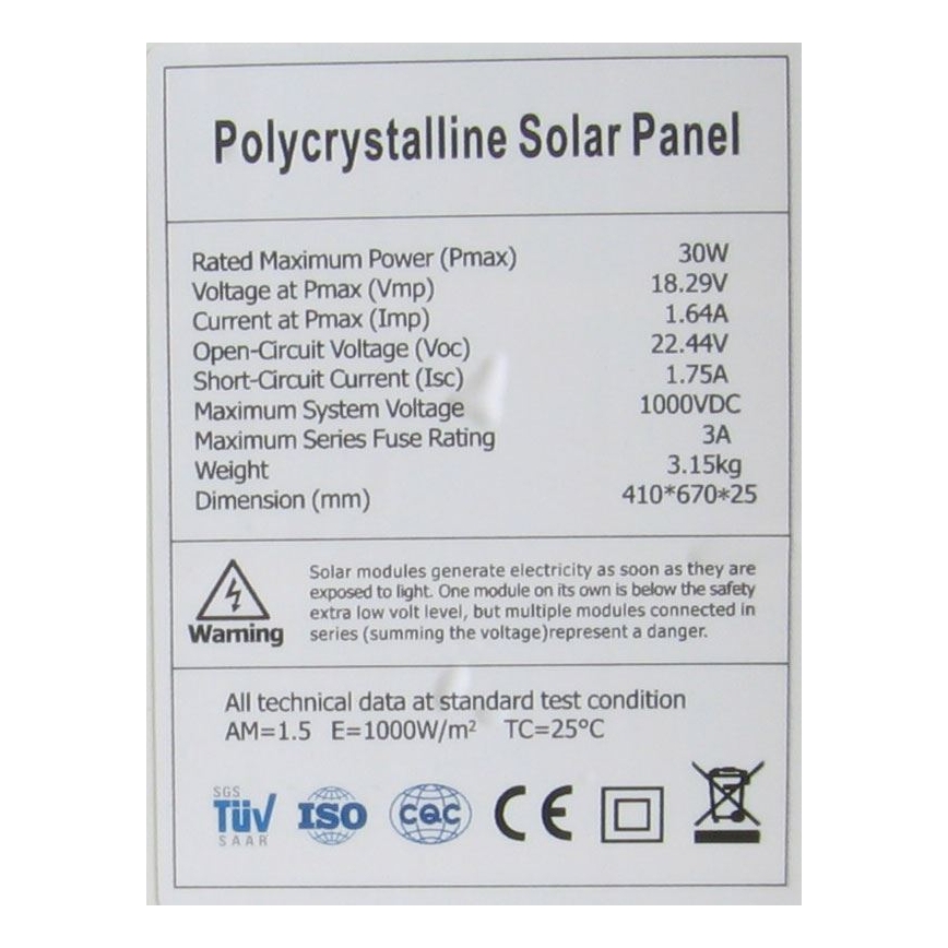 Fotovoltaický solárny panel polykryštalický 30W/12V
