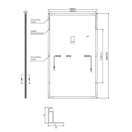 Solárny panel s rozmermi 1096x1894 mm, znázornený s upevňovacími otvormi a uzemňovacími otvormi. Súčasťou výkresu je aj profil s rozmermi 31x30 mm.