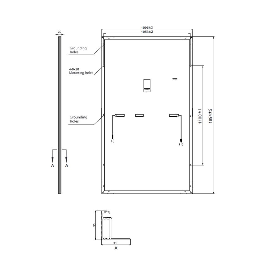 Solárny panel s rozmermi 1096x1894 mm, znázornený s upevňovacími otvormi a uzemňovacími otvormi. Súčasťou výkresu je aj profil s rozmermi 31x30 mm.