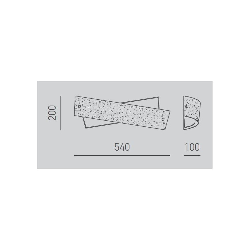 Technický výkres zobrazuje prekrížené svietidlo s rozmermi 540 x 200 mm a samostatné nástenné svietidlo s priemerom 100 mm. Obe svietidlá sú z materiálu s bodkovanou štruktúrou.