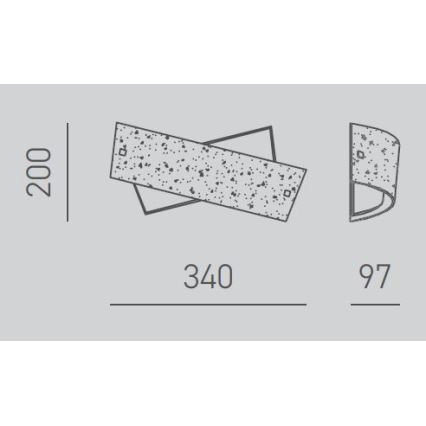 Technický výkres svietidla znázorňuje prekrížené obdĺžnikové panely s bodkovanou štruktúrou. Rozmery: 340 x 200 mm. Ďalší detail zobrazuje 97 mm široký polkruhový panel.