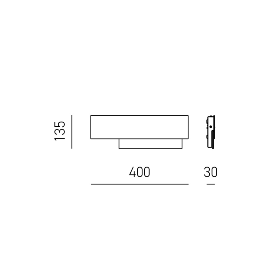 Technický výkres zobrazuje obdĺžnikové svietidlo s rozmermi 400 x 135 mm a hrúbkou 30 mm. Svietidlo je znázornené v náčrte zhora a zboku.