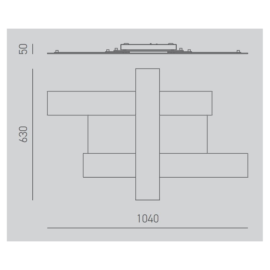 Technický výkres stropného svietidla zobrazuje jeho rozmery: 1040 x 630 x 50 mm. Svietidlo pozostáva z centrálneho stĺpika a troch vodorovných prvkov, ktoré sú k nemu pripojené. Zobrazený je aj spôsob montáže k stropu.