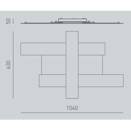 Technický výkres stropného svietidla zobrazuje jeho rozmery: 1040 x 630 x 50 mm. Svietidlo pozostáva z centrálneho stĺpca a troch vodorovných prvkov pripevnených k nemu.