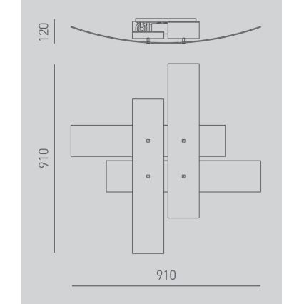 Technický výkres stropného svietidla s priečnymi obdĺžnikovými prvkami. Svietidlo je pripevnené k zakrivenej konštrukcii. Rozmery: 910 x 910 x 120 mm.