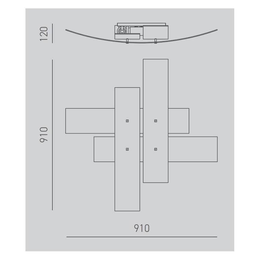 Technický výkres stropného svietidla s priečnymi obdĺžnikovými prvkami. Svietidlo je pripevnené k zakrivenej konštrukcii. Rozmery: 910 x 910 x 120 mm.