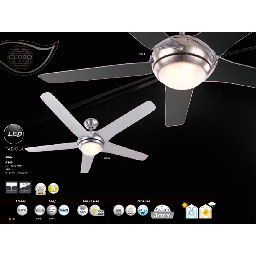 GLOBO 0344 - Stropný ventilátor FABIOLA 1xLED/20W/230V