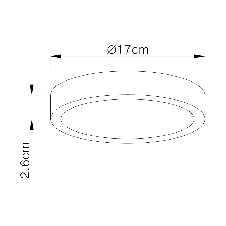 Okrúhle stropné svietidlo s priemerom 17 cm a výškou 2,6 cm je zobrazené s rozmermi.