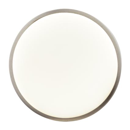Okrúhle stropné svetlo s mliečnym difúzorom a sivým rámom je zobrazené na bielom pozadí. Svetlo je vypnuté.