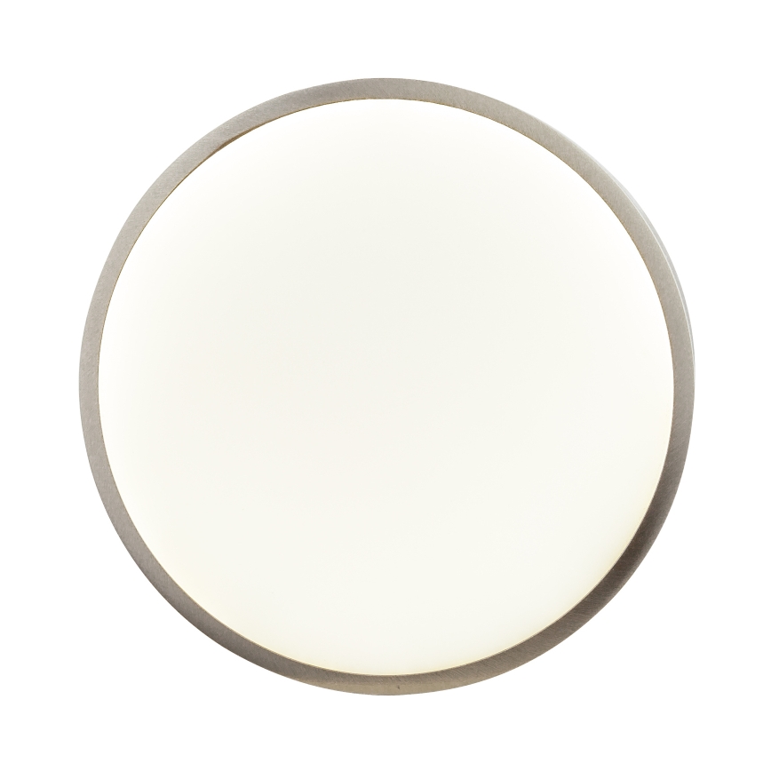 Okrúhle stropné svetlo s mliečnym difúzorom a sivým rámom je zobrazené na bielom pozadí. Svetlo je vypnuté.