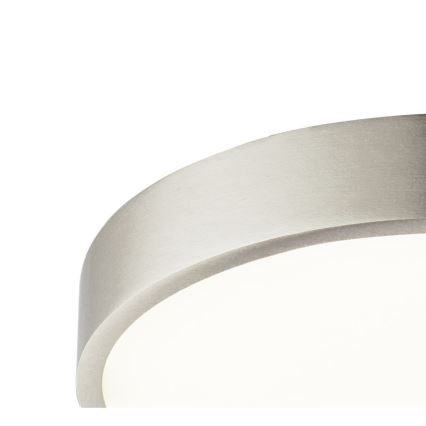 Stropné svietidlo svieti. Má strieborný kovový rám a difúzor z matného skla. Je pripevnené k stropu.