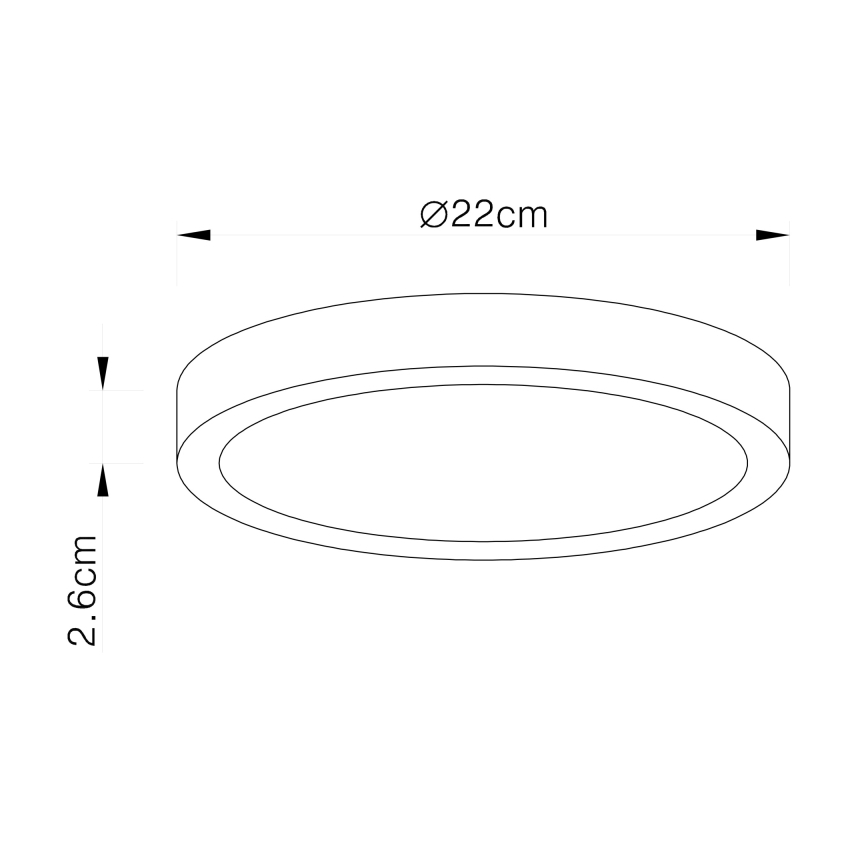 Kruhové stropné svietidlo s priemerom 22 cm a výškou 2,6 cm je znázornené v technickom výkrese s rozmermi.