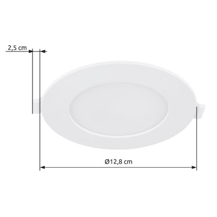 Svietidlo s priemerom 12,8 cm a výškou 2,5 cm je zobrazené zhora. Je biele, ploché a okrúhle. Zobrazené sú rozmery.