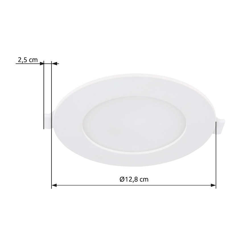 Svietidlo s priemerom 12,8 cm a výškou 2,5 cm je zobrazené zhora. Je biele, ploché a okrúhle. Zobrazené sú rozmery.