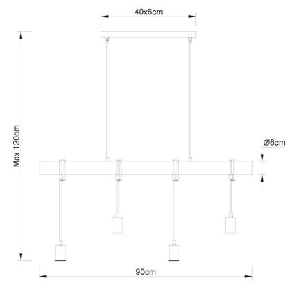 Závesné svietidlo s piatimi cylindrickými tienidlami visí z dlhej tyče. Rozmery: tyč 40x6cm, celková šírka 90cm, maximálna dĺžka káblov 120cm, priemer tienidiel 6cm.