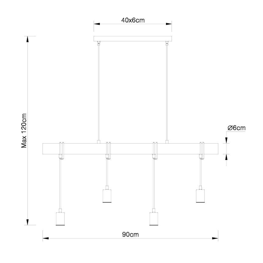 Závesné svietidlo s piatimi cylindrickými tienidlami visí z dlhej tyče. Rozmery: tyč 40x6cm, celková šírka 90cm, maximálna dĺžka káblov 120cm, priemer tienidiel 6cm.
