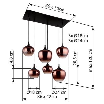 Šesť medených závesných lámp visí z čiernej stropnej lišty. Tri lampy majú priemer 18 cm, tri 24 cm. Lišta má rozmery 80 x 30 cm, maximálna dĺžka káblov je 120 cm. Celkové rozmery sú 86 x 42 cm.