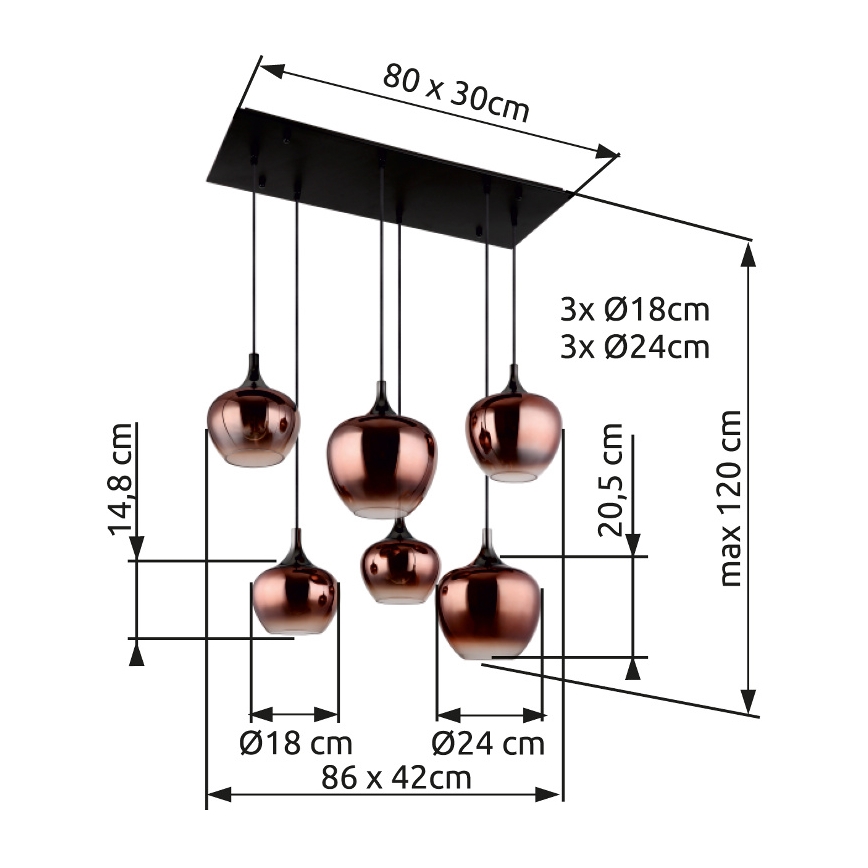 Šesť medených závesných lámp visí z čiernej stropnej lišty. Tri lampy majú priemer 18 cm, tri 24 cm. Lišta má rozmery 80 x 30 cm, maximálna dĺžka káblov je 120 cm. Celkové rozmery sú 86 x 42 cm.