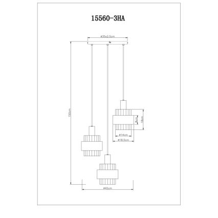 Trojité závesné svietidlo s rozmermi: Ø14cm, Ø18,5cm, výška 18cm. Dĺžka káblov 150cm. Celková šírka 45cm. Kód: 15560-3HA.