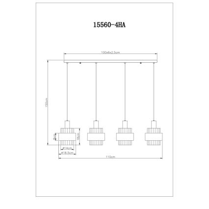 Technický výkres štvorramenného závesného svietidla s označením 15560-4HA. Svietidlo pozostáva zo štyroch zavesených prvkov s rozmermi 18,5x14 cm a spojovacej lišty 100x6x2,5 cm. Celková šírka svietidla je 110 cm, výška 150 cm.
