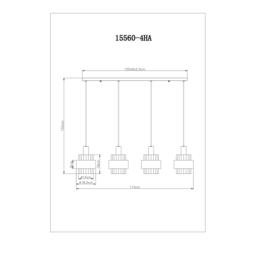Technický výkres štvorramenného závesného svietidla s označením 15560-4HA. Svietidlo pozostáva zo štyroch zavesených prvkov s rozmermi 18,5x14 cm a spojovacej lišty 100x6x2,5 cm. Celková šírka svietidla je 110 cm, výška 150 cm.