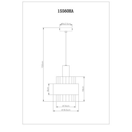 Závesné svietidlo s rozmermi 18x14x8 cm a dĺžkou kábla 150 cm visí zo stropu. Jeho kód je 15560HA. Horný kryt má rozmery 9x2,5 cm.