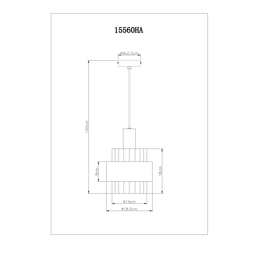 Závesné svietidlo s rozmermi 18x14x8 cm a dĺžkou kábla 150 cm visí zo stropu. Jeho kód je 15560HA. Horný kryt má rozmery 9x2,5 cm.