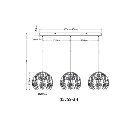 Trojramenné závesné svietidlo s guľovými tienidlami visí zo stropnej lišty. Každé tienidlo má priemer 200 mm. Kód produktu: 15759-3H.
