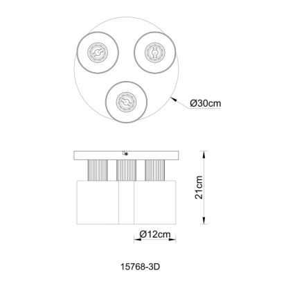 Trojité stropné svietidlo s okrúhlym tienidlom s priemerom 30 cm. Svietidlo má valcový tvar s priemerom 12 cm a výškou 21 cm. Kód produktu: 15768-3D.