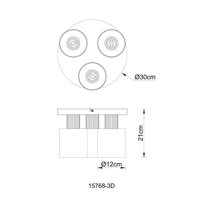 Trojité stropné svietidlo s okrúhlym tienidlom s priemerom 30 cm. Svietidlo má valcový tvar s priemerom 12 cm a výškou 21 cm. Kód produktu: 15768-3D.