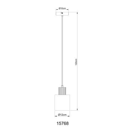Závesné svietidlo s valcovým tienidlom visí zo stropu na 120 cm dlhom kábli. Tienidlo má priemer 12 cm a horný okrúhly kryt s priemerom 10 cm. Kód produktu: 15768.
