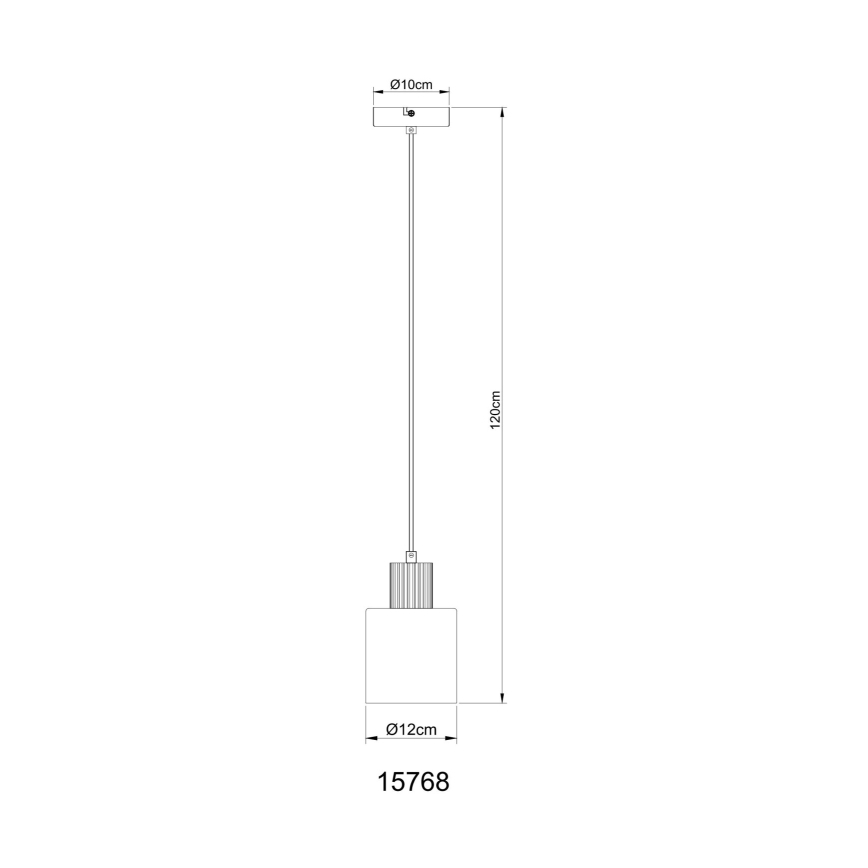 Závesné svietidlo s valcovým tienidlom visí zo stropu na 120 cm dlhom kábli. Tienidlo má priemer 12 cm a horný okrúhly kryt s priemerom 10 cm. Kód produktu: 15768.