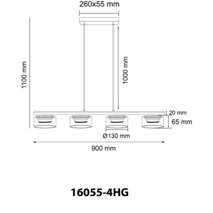 Trojramenné závesné svietidlo s valcovými tienidlami visí zo stropu. Svietidlo má rozmery 900x1100 mm a kód 16055-4HG.