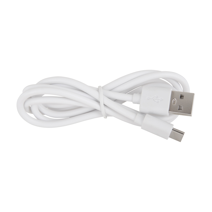 Biely USB kábel je zrolovaný. Na jednom konci má štandardný USB konektor typu A, na druhom micro USB konektor typu B. Kábel leží na bielom pozadí.